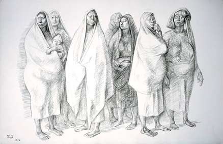 Grupo de mujeres de pie, 1976, Lpiz sobre papel, 58 x 89 cm